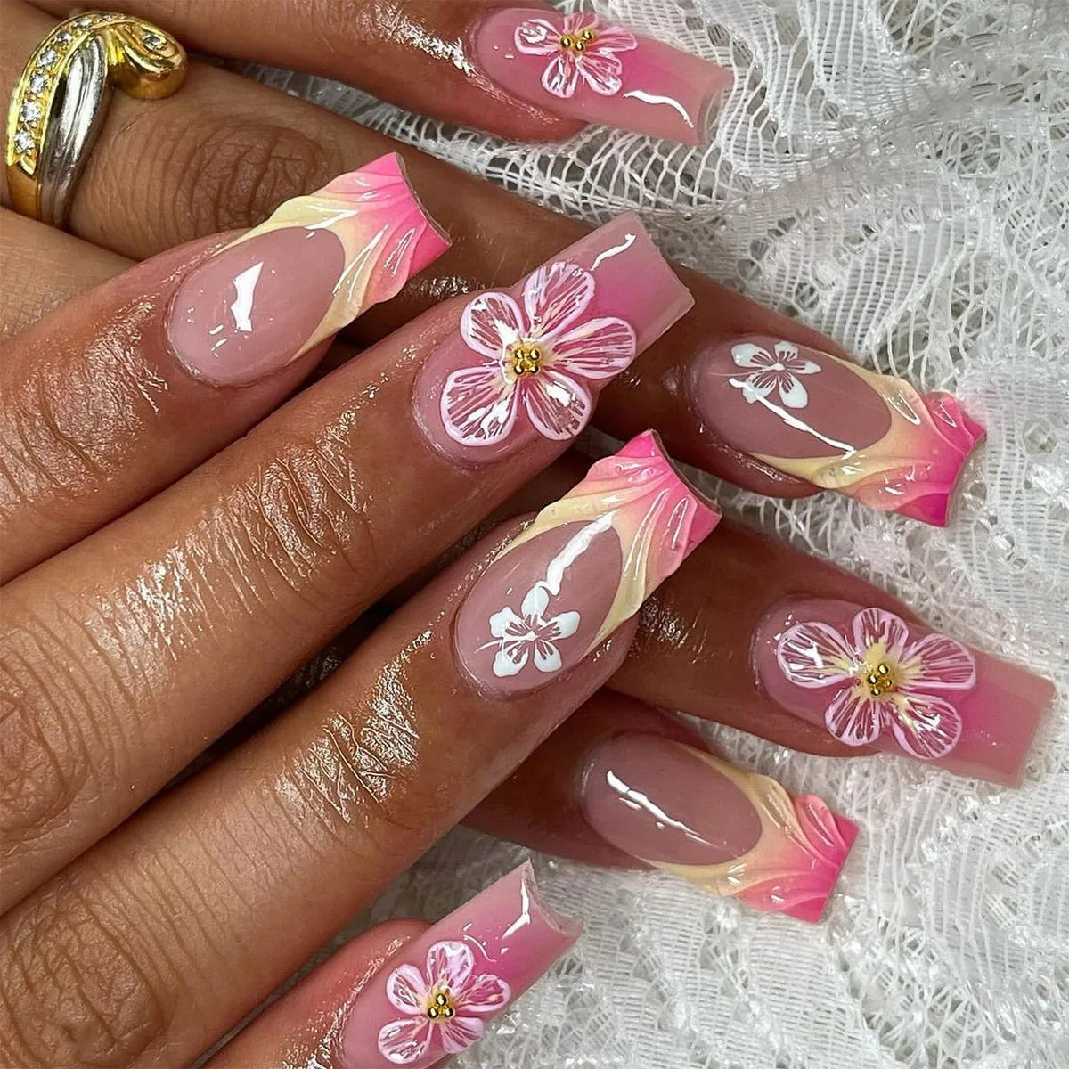 Nail Jolie – Short French Nails Petal Pink Florals & Gold Accents
