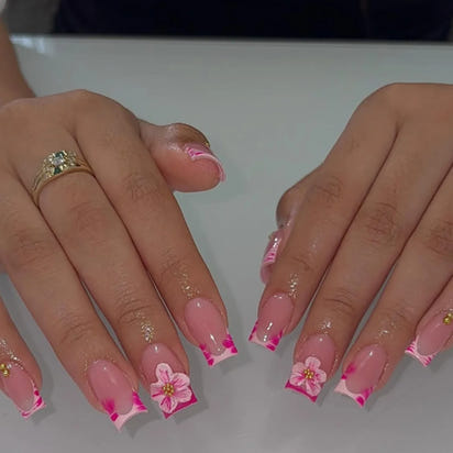 Nail Jolie – Short French Nails Petal Pink Florals & Gold Accents
