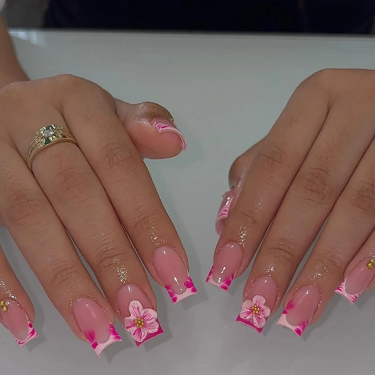Nail Jolie – Short French Nails Petal Pink Florals & Gold Accents