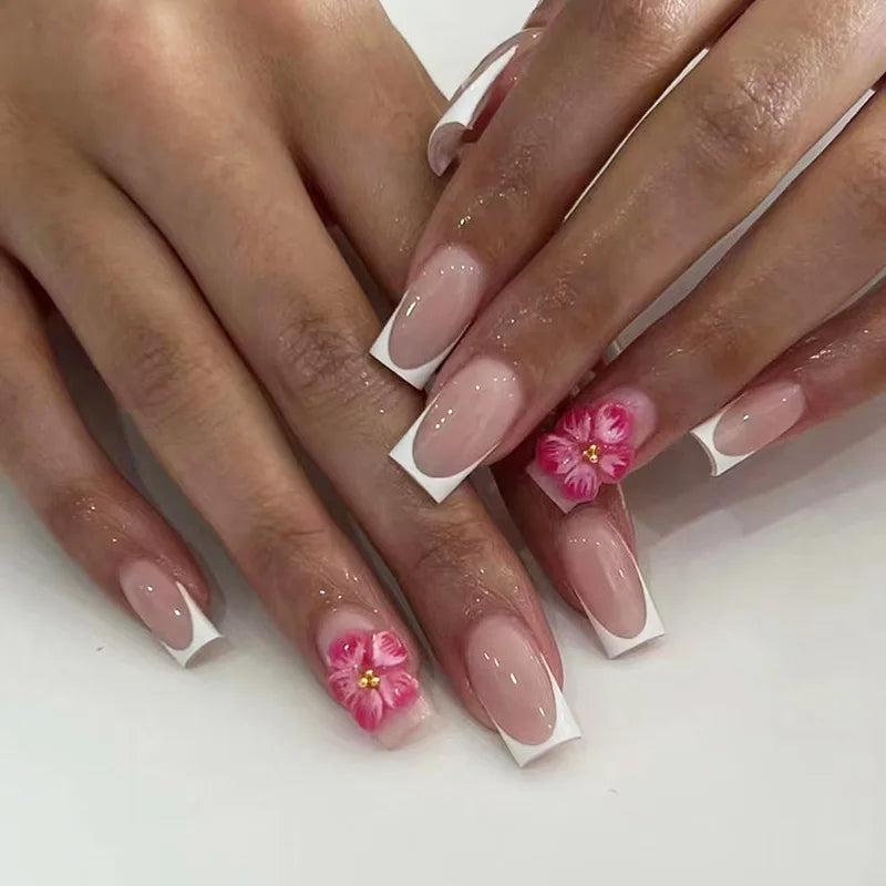 Nail Jolie – Short French Nails Petal Pink Florals & Gold Accents