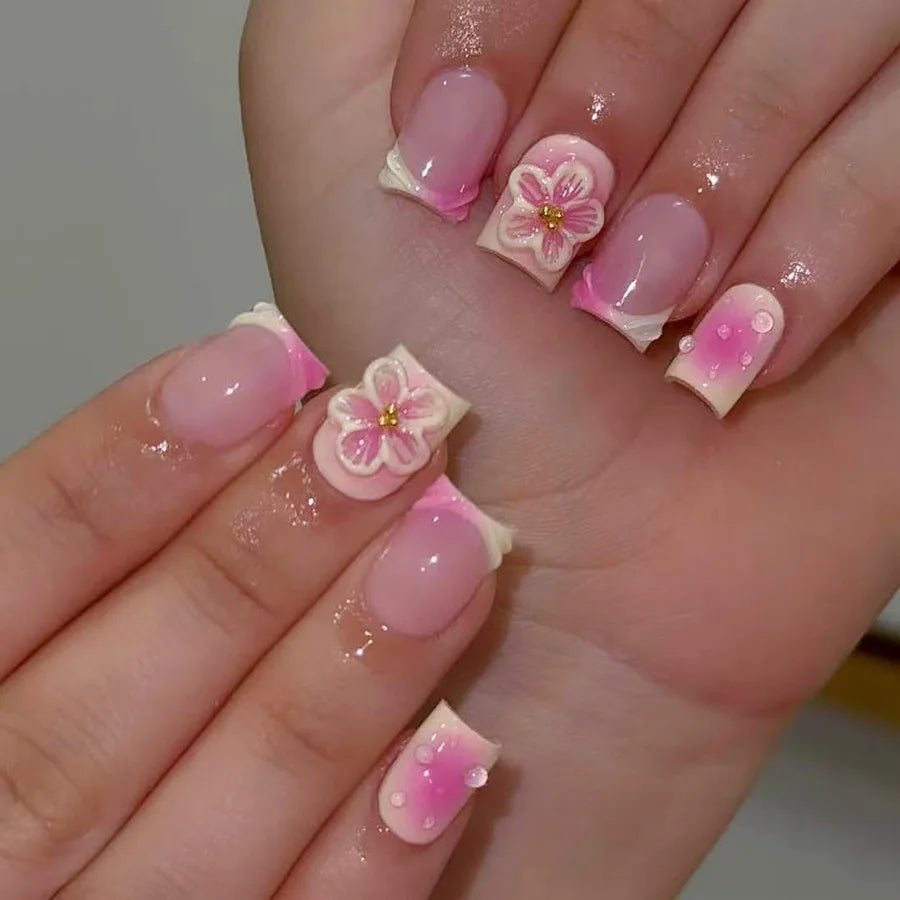 Nail Jolie – Short French Nails Petal Pink Florals & Gold Accents