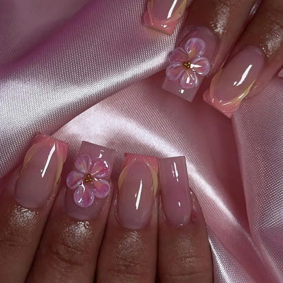 Nail Jolie – Short French Nails Petal Pink Florals & Gold Accents