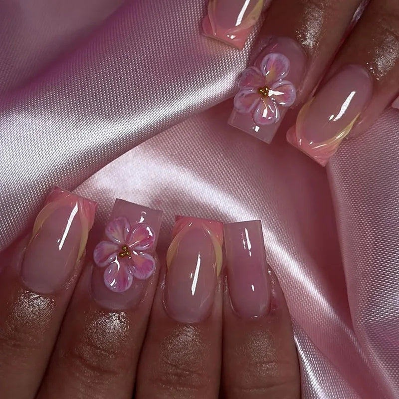 Nail Jolie – Short French Nails Petal Pink Florals & Gold Accents