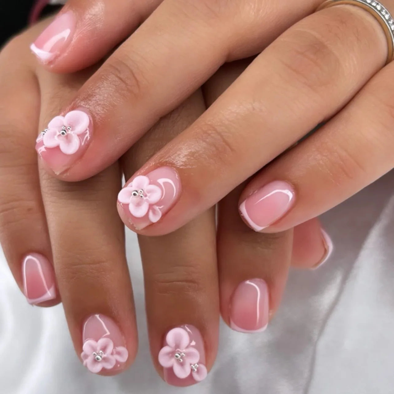 Nail Jolie – Short French Nails Petal Pink Florals & Gold Accents