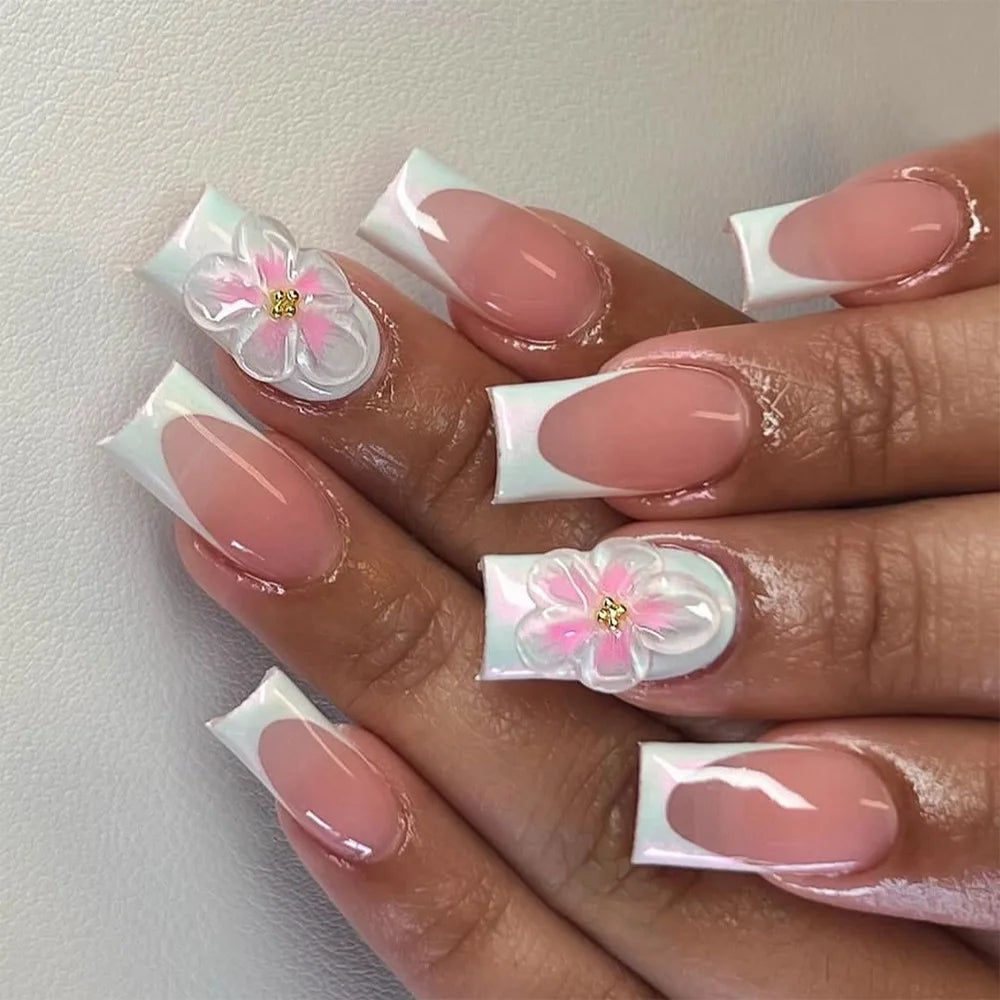 Nail Jolie – Short French Nails Petal Pink Florals & Gold Accents