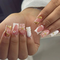 Nail Jolie – Short French Nails Petal Pink Florals & Gold Accents