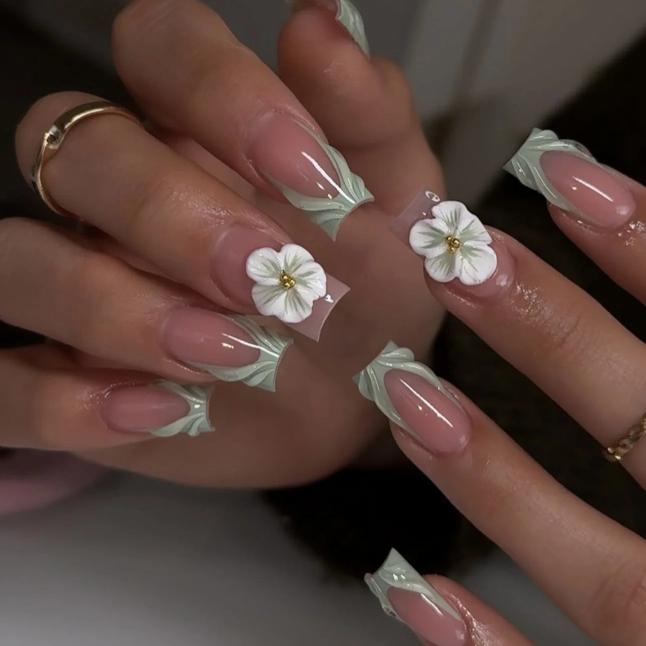 Nail Jolie – Short French Nails Petal Pink Florals & Gold Accents