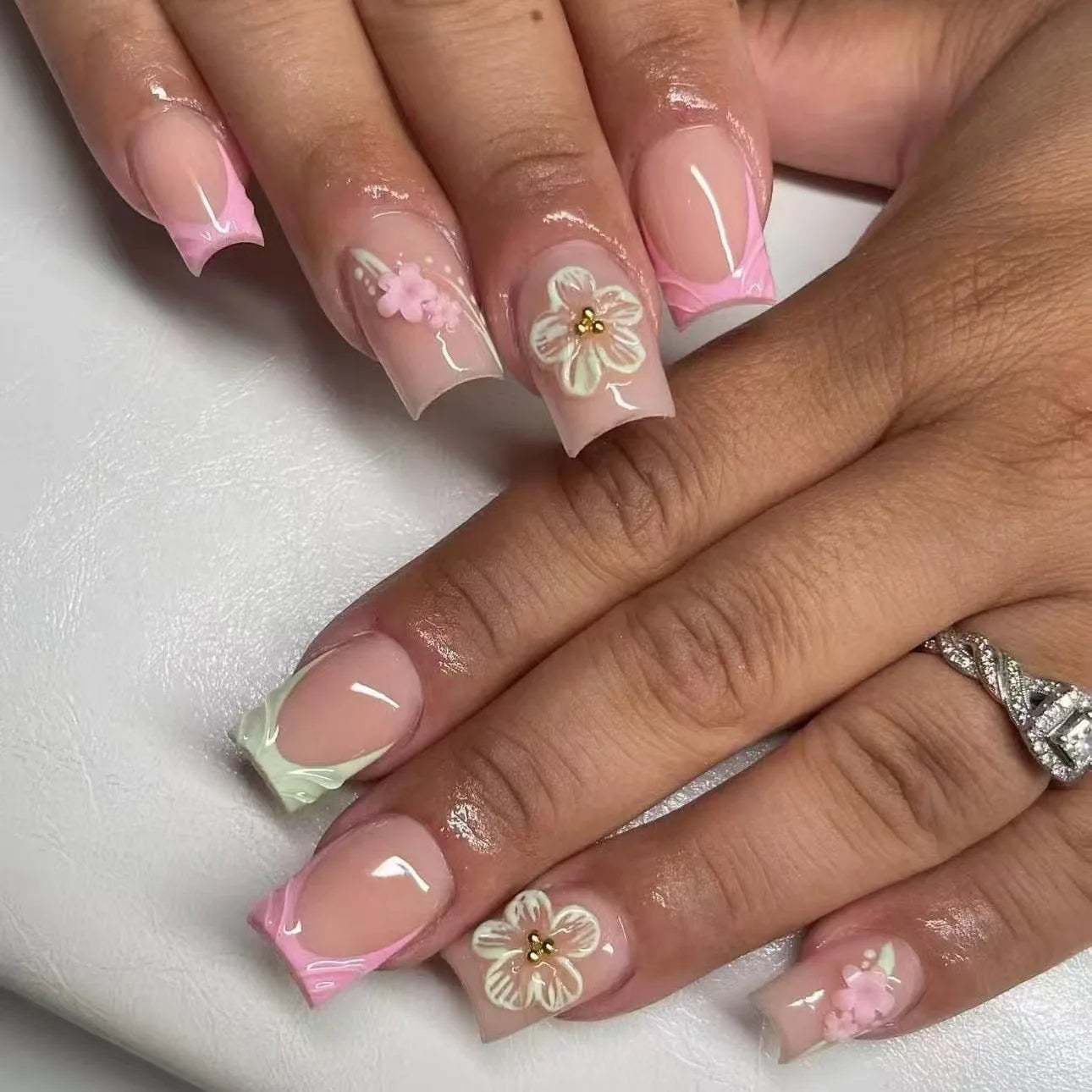 Nail Jolie – Short French Nails Petal Pink Florals & Gold Accents